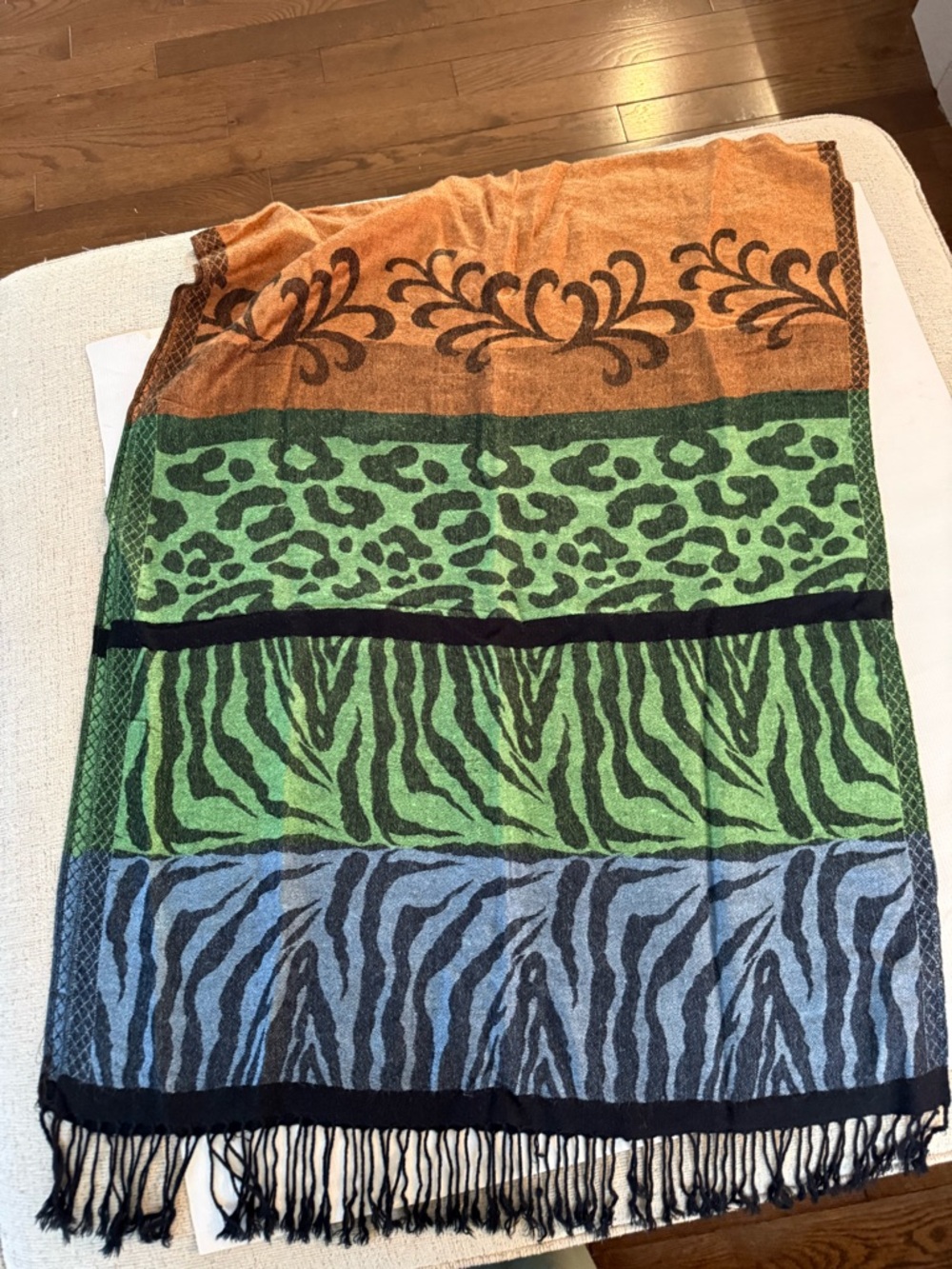 pashmina Orange, Green & Blue Animal-Print Wrap Scarf no tag
